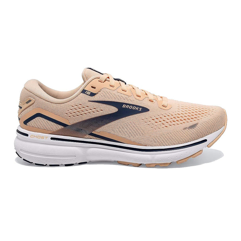 The Brooks Ghost 15 - Women in Apricot, Summer Blue, and White is shown from the side, featuring a mesh upper with Ghost branding near the heel and waterproof Gore-Tex material for added protection.
