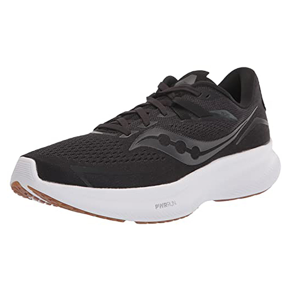 The Saucony Ride 15 - Womens in Black/Gum is a lightweight running shoe with a white cushioned sole, brown rubber outsole, breathable mesh upper, and a subtle side logo.