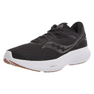 The Saucony Ride 15 - Womens in Black/Gum is a lightweight running shoe with a white cushioned sole, brown rubber outsole, breathable mesh upper, and a subtle side logo.
