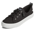 The Sperry Crest Vibe - Womens sneaker in black features white stitching, black laces, and a white rubber sole, shown at an angle on a plain white background.