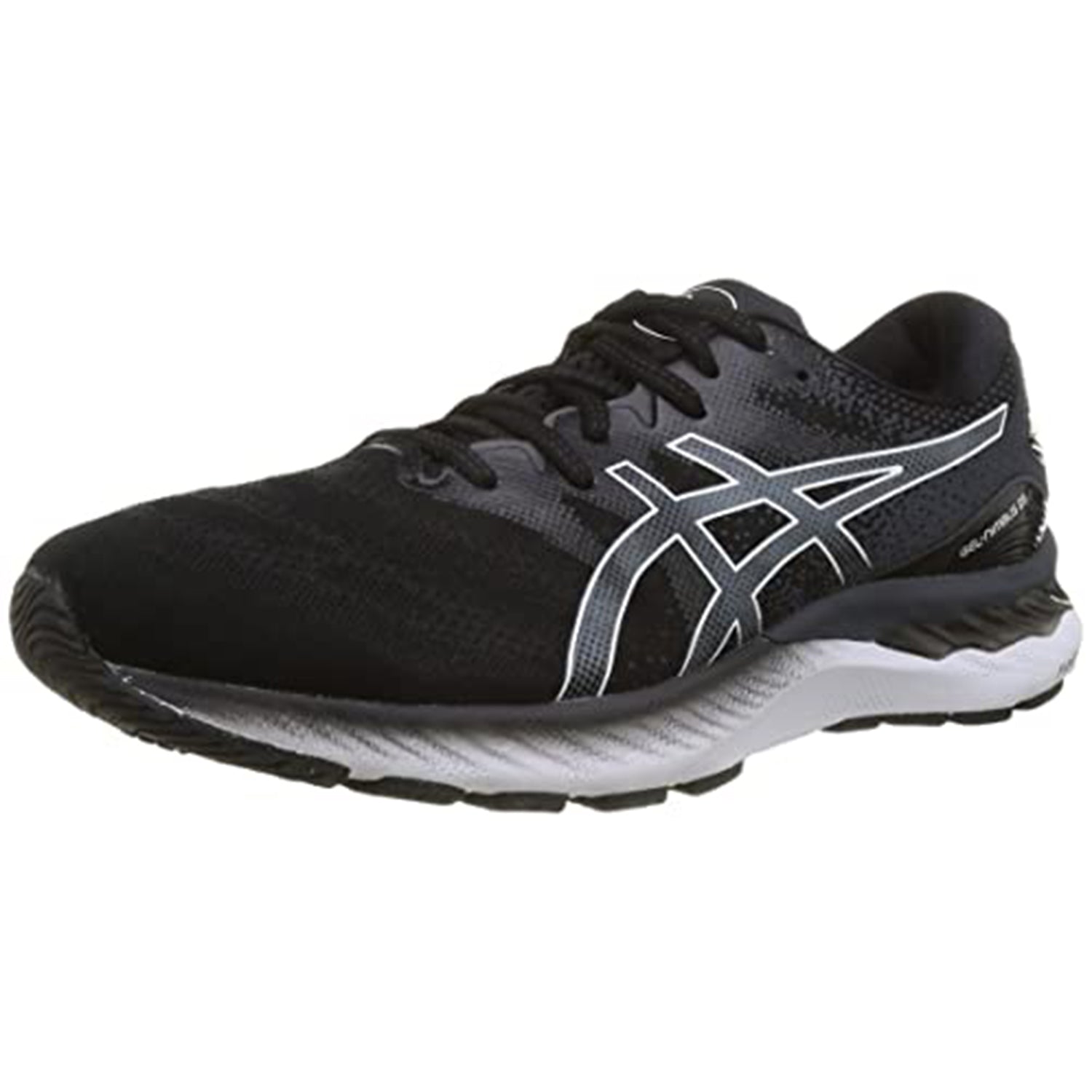 The ASICS Nimbus 23 - Mens running shoe features a black upper with white and gray accents, the signature ASICS logo on the side, and a wavy white midsole designed for superior cushioning and shock absorption.