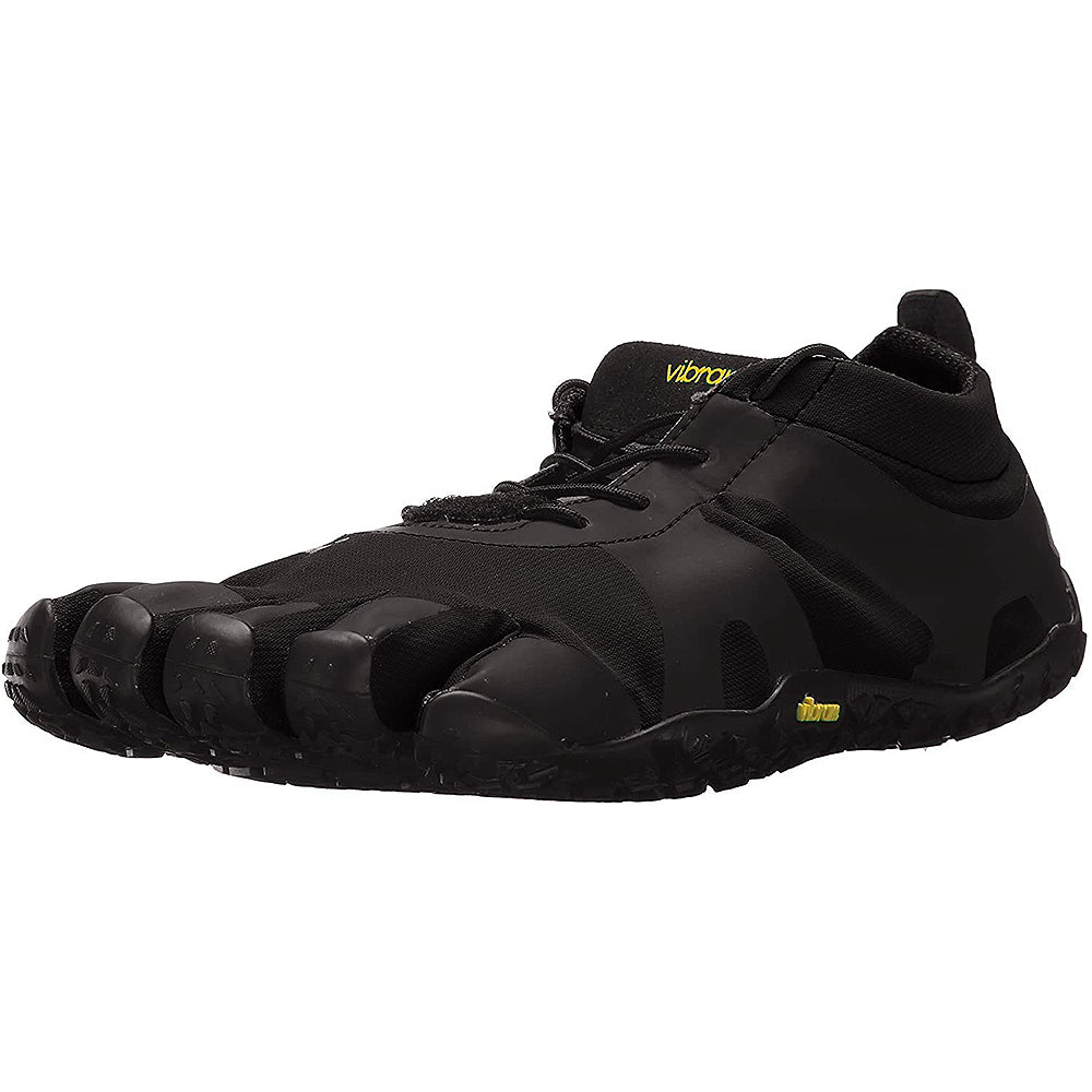 The Vibram FiveFingers Five Fingers V-Alpha - Men in black features separate toe pockets, a flexible Vibram Rubber sole, and a minimalist design for barefoot-style running or athletic activities with enhanced ground feel.