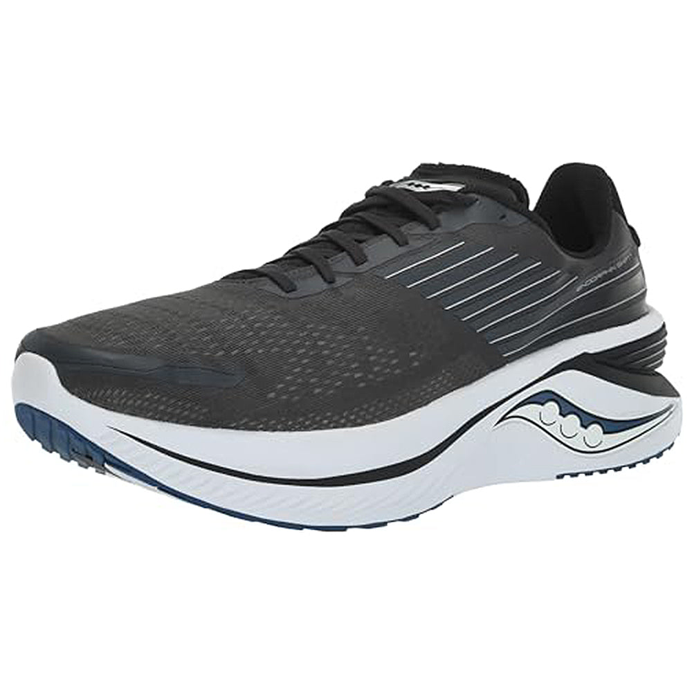 The Saucony Endorphin Shift 3 Running Shoe - Mens, in Shadow/Twilight, features a sleek design, PWRRUN foam cushioning, laces, and a white and blue sole, shown from a front-side angle.