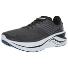 The Saucony Endorphin Shift 3 Running Shoe - Mens, in Shadow/Twilight, features a sleek design, PWRRUN foam cushioning, laces, and a white and blue sole, shown from a front-side angle.