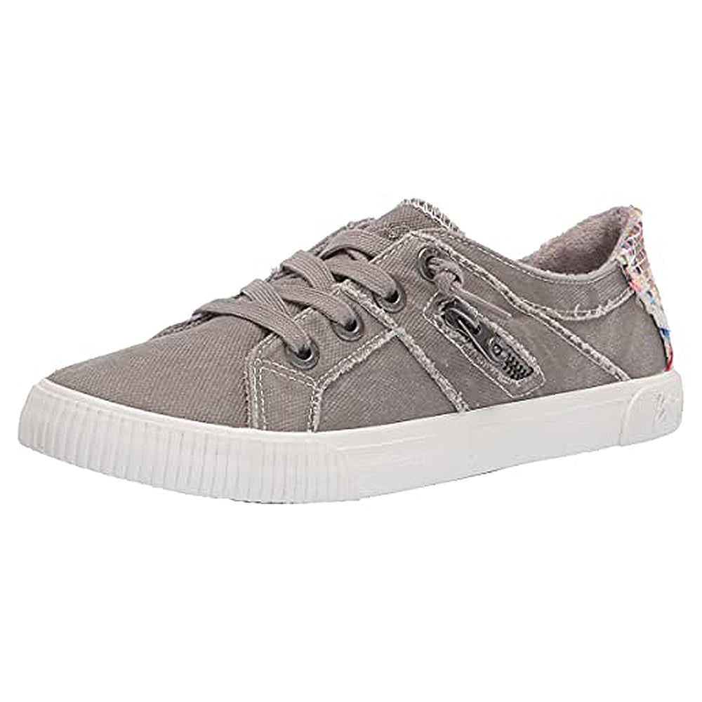 The Blowfish Malibu Fruit - Women sneaker in Wolf Gray Smoked Canvas features a white rubber sole, side zipper, white stitching, plaid heel accent, and a super foam insole for all-day comfort.