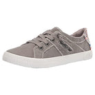 The Blowfish Malibu Fruit - Women sneaker in Wolf Gray Smoked Canvas features a white rubber sole, side zipper, white stitching, plaid heel accent, and a super foam insole for all-day comfort.