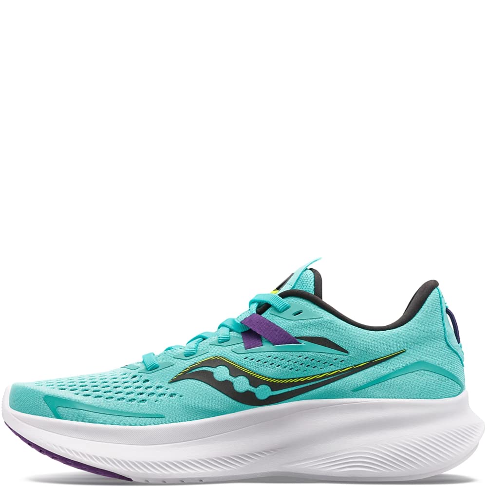 The Saucony Ride 15 - Womens in Cool Mint/Acid features a mesh upper, PWRRUN-cushioned white sole, and lace-up design with black, yellow, and purple accents. Shown in side profile against a white backdrop.