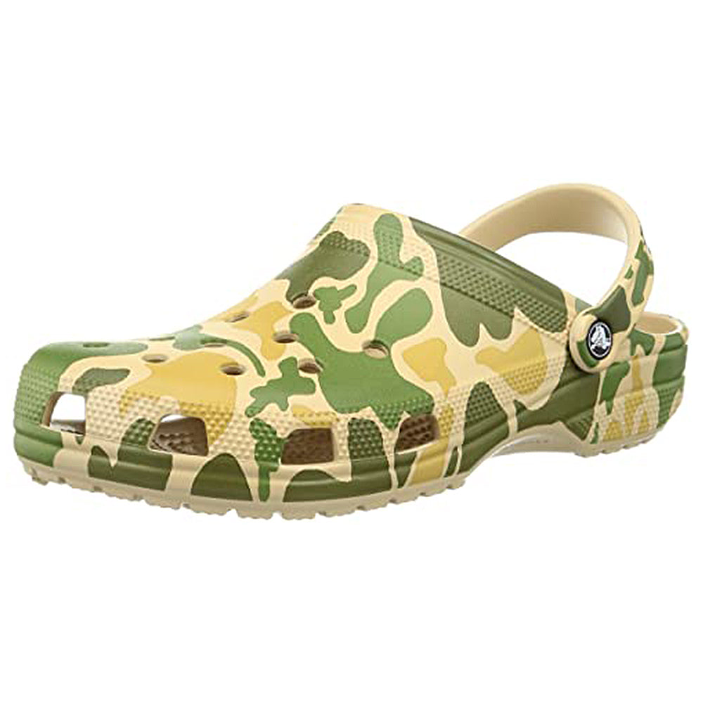 The Crocs Classic Camo Clog - Unisex in Chai/Tan features ventilation holes and a pivoting heel strap, making it the perfect comfortable slip-on shoe for water adventures.