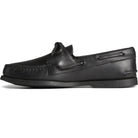 The Sperry A/O 2-EYE LEATHER mens boat shoe in black features moc-toe stitching, side lace details, and a flat black rubber sole. Shown from the side against a white background.