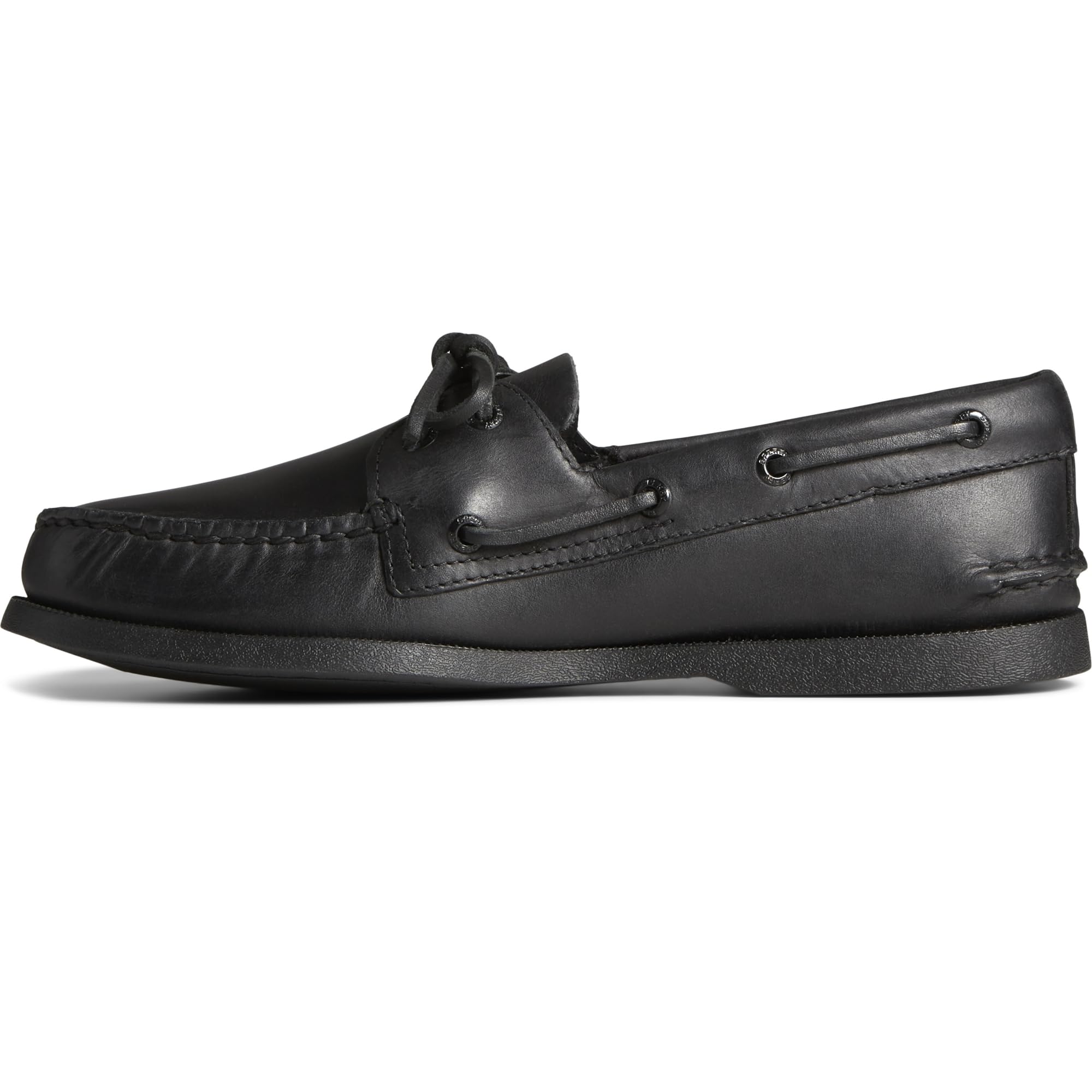 The Sperry A/O 2-EYE LEATHER mens boat shoe in black features moc-toe stitching, side lace details, and a flat black rubber sole. Shown from the side against a white background.