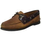 The Sperry A/O 2-EYE LEATHER mens boat shoe in BROWN/BUC BROWN features decorative laces, gold eyelets, dark brown accents, and a black rubber sole, shown from a side angle.