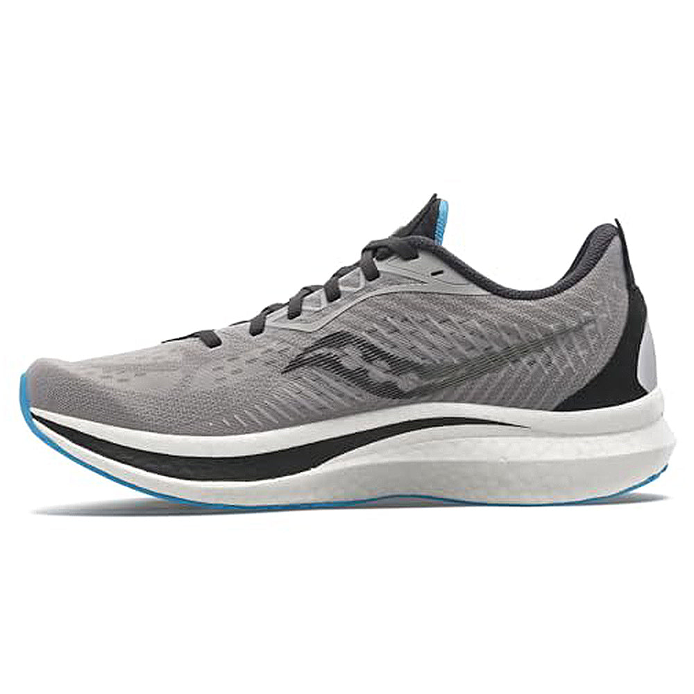 The Saucony Endorphin Speed 2 Running Shoe - Mens features a gray mesh upper with black and white accents, thick white cushioned sole with SPEEDROLL tech, blue outsole, and is shown in side profile on a plain white background.