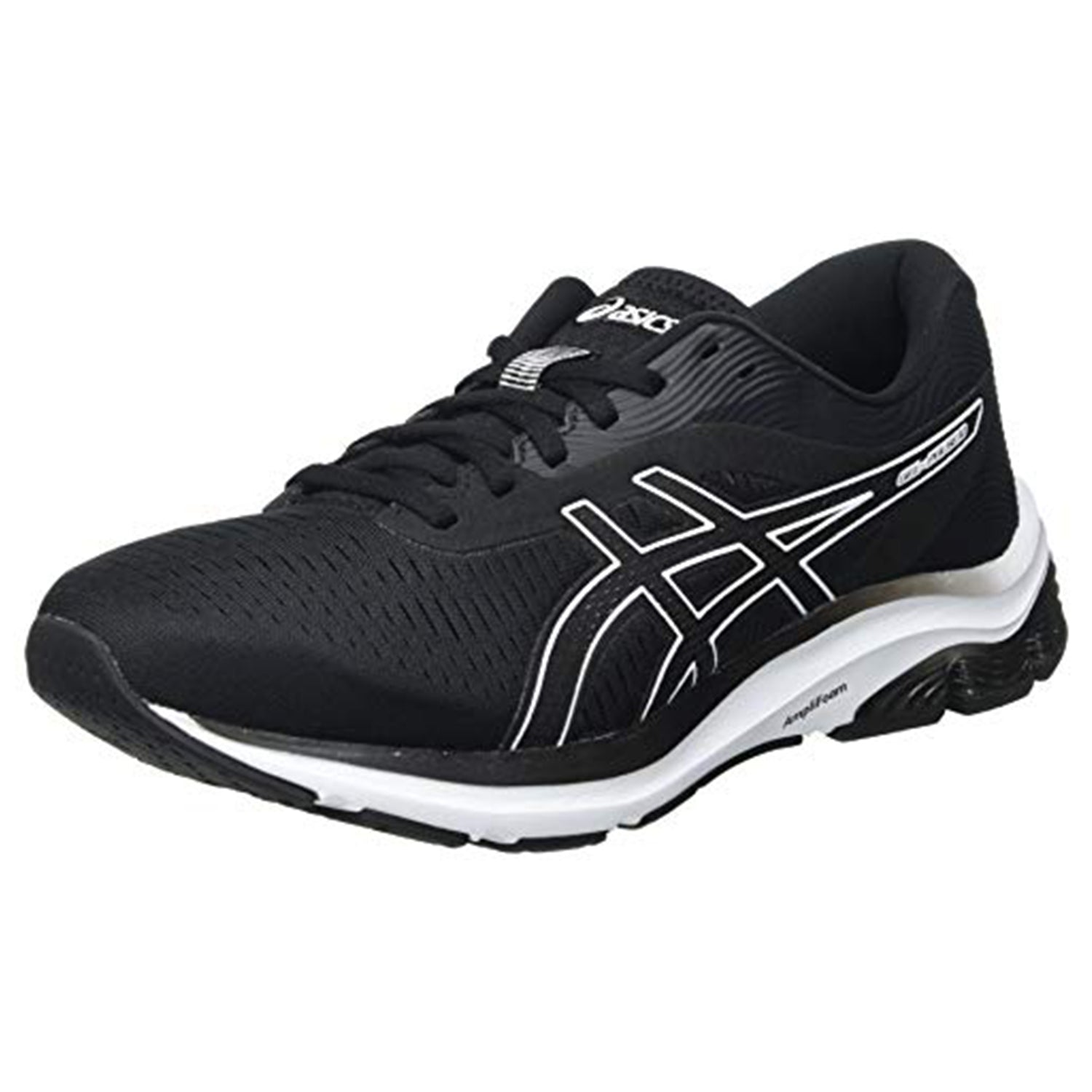 The ASICS GEL-PULSE 12 - Mens running shoe in Black White features GEL technology, a white sole, and a white ASICS logo on the side, shown from a slightly angled side perspective.
