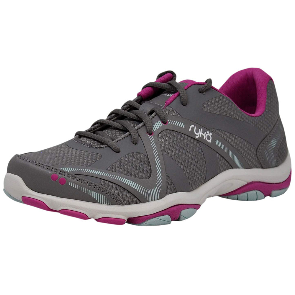 The Ryka Influence - Women in Frost Grey/Rose/Pale Aqua features mesh panels, a white and pink sole, and the Ryka logo—a stylish, lightweight cross-trainer perfect for women seeking fashionable workout shoes.