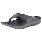 A dolphin grey, ergonomic Telic Footwear Energy Flip Flop - Unisex sandal featuring pillow-soft cushioning, a textured footbed, thick sole, simple thong design, excellent arch support, and embossed brand logo on the side.