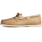 The Sperry A/O 2-EYE LEATHER - Mens in OATMEAL features classic moccasin-style stitching, white rubber sole, side lacing, and a top bow for timeless boat shoe style.