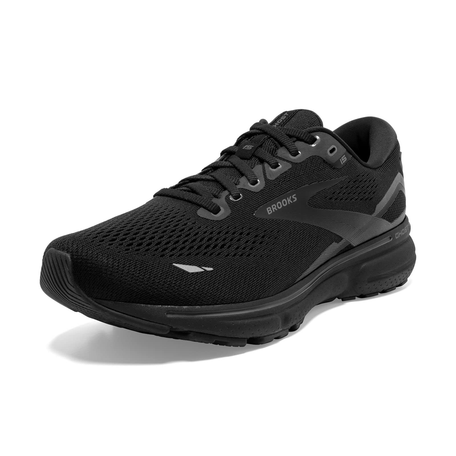 The Brooks Ghost 15 - Women is a black/black/ebony running shoe with a mesh upper, lace-up closure, gray accents, thick cushioned sole, waterproof Gore-Tex, and Brooks branding—designed for comfort and support in any weather.