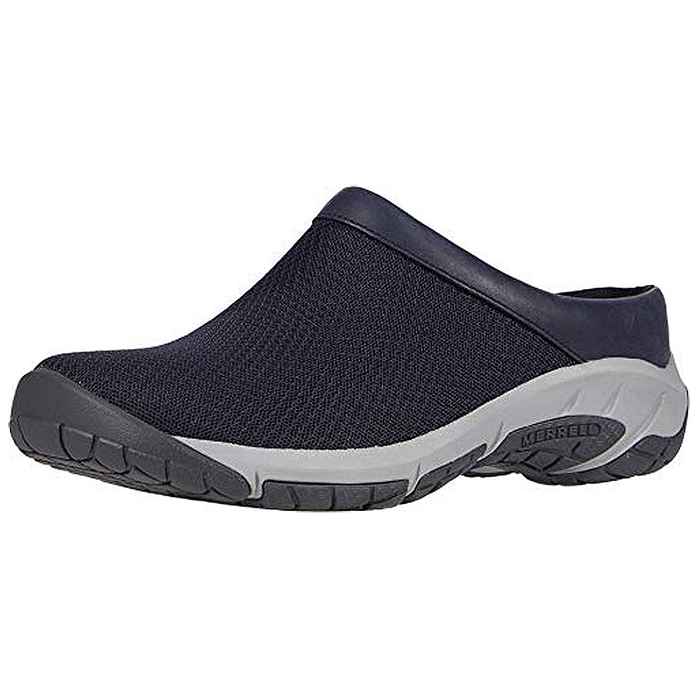 The Merrell Encore Breeze 4 - Women in navy features a mesh upper and textured sole, offering breathable slip-on comfort for casual or outdoor wear.