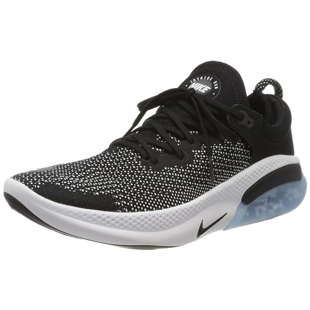 The Nike Joyride Run Flyknit - Men in Black/White features a knit upper, black laces, thick white cushioned sole with advanced tech and visible heel air bubble. The Nike logo is on the tongue and side.
