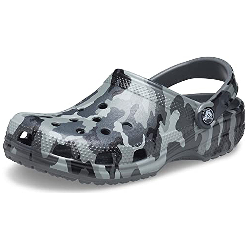 The Crocs Classic Camo Clog - Unisex features a Slate Grey Camo pattern, ventilation holes, and an adjustable heel strap for comfort. Displayed on a white background.