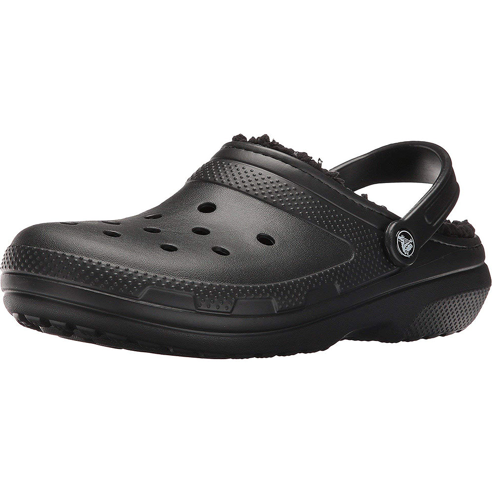 The Crocs Classic Lined Clog - Unisex in Black/Black features a clog-style design with ventilation holes, a pivoting heel strap, and soft lining for comfort—ideal fuzzy clogs for men and women.