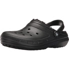 The Crocs Classic Lined Clog - Unisex in Black/Black features a clog-style design with ventilation holes, a pivoting heel strap, and soft lining for comfort—ideal fuzzy clogs for men and women.