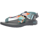 The Chaco Mega Z/Cloud Sandal - Women in Kaleido Katydid features a dark sole, colorful geometric straps with adjustable ankle and toe fit, the Chaco logo on the side, and a supportive LUVSEAT footbed for all-day comfort.