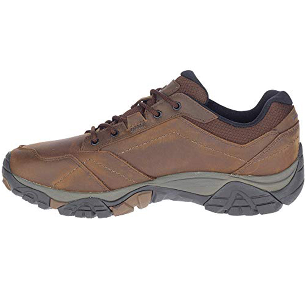 The Merrell Moab Adventure Lace Waterproof - Men in Dark Earth features a brown leather upper, waterproof design, black and gray Vibram outsole, EVA foam midsole, black laces, and padded collar, shown in profile view facing left.