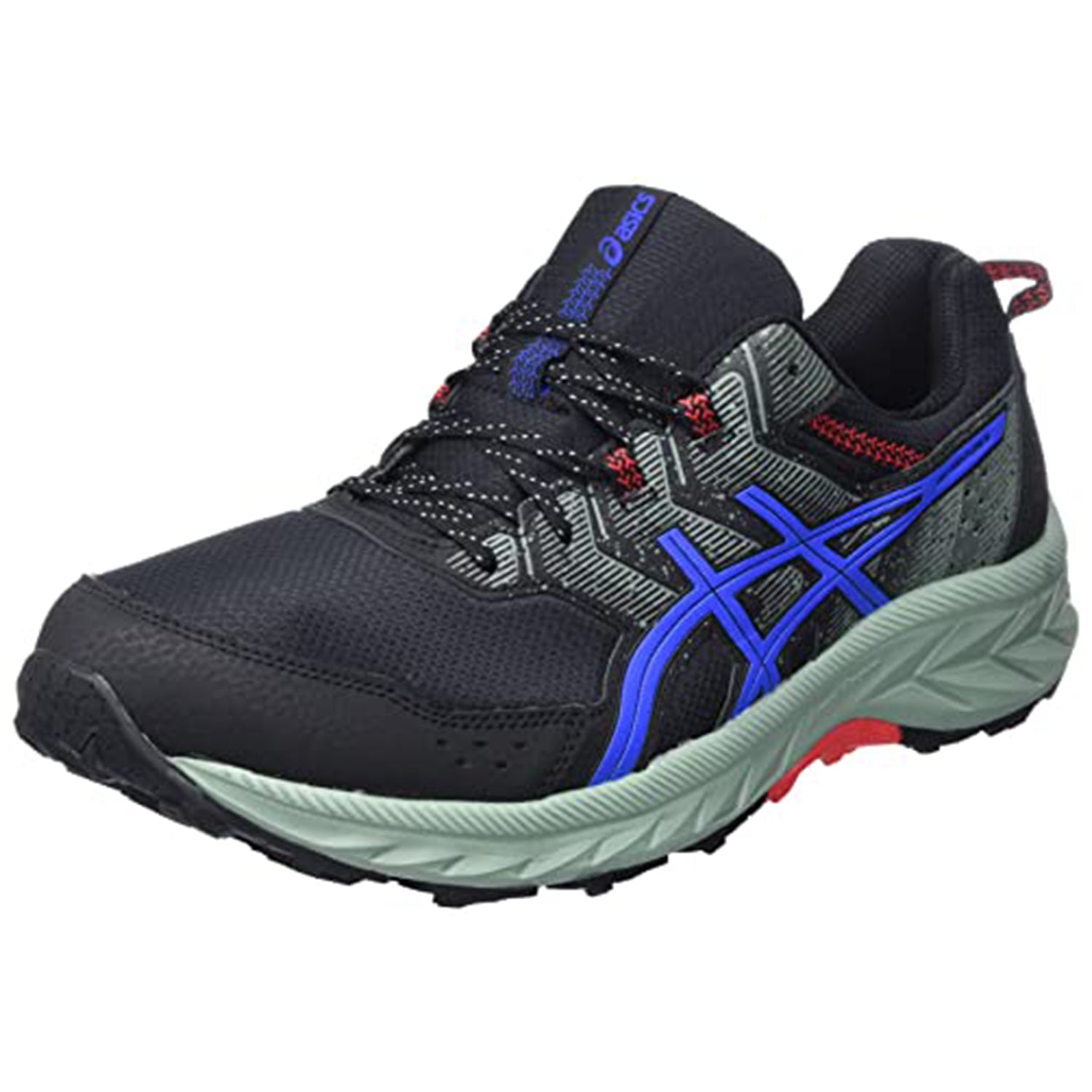 The ASICS Gel Venture 9 - Mens in Black Tuna Blue features a thick light gray sole and the signature logo on the side, making it ideal for trail running adventures.