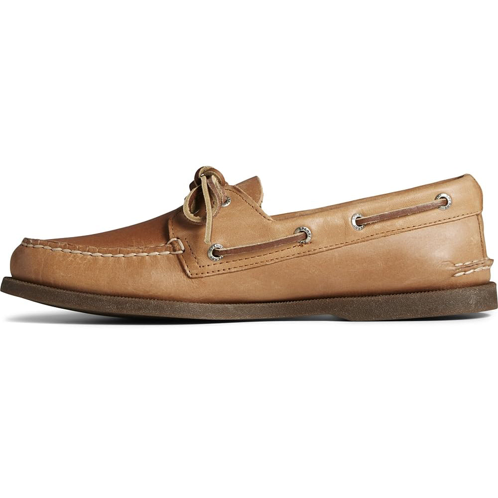 A Sahara-colored Sperry A/O 2-EYE LEATHER men’s boat shoe with white stitching, lace-up front, and side lacing detail, shown in profile against a white background.