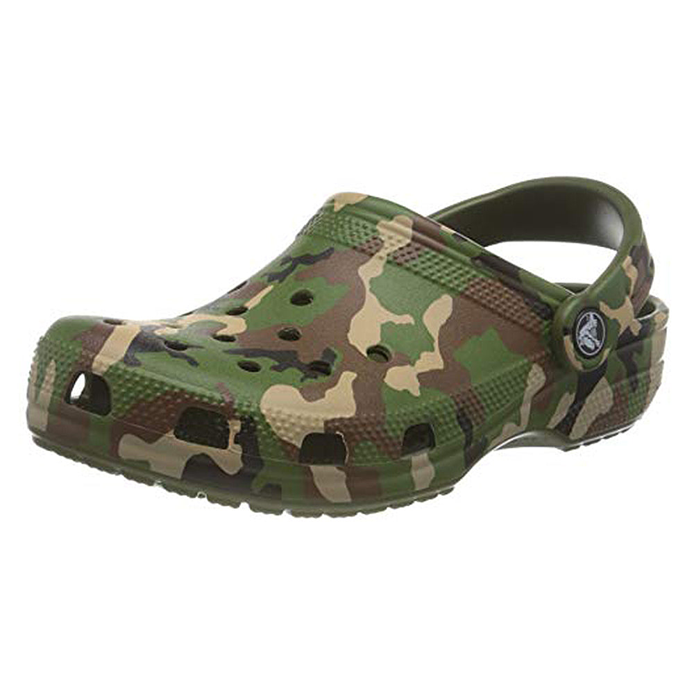 The Crocs Classic Camo Clog - Unisex in Army Green Camo features ventilation holes, a pivoting heel strap, and iconic comfort—ideal slip-on shoes for any adventure.