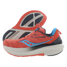 The Saucony Echelon 9 Running Shoe for women in Coral/Ocean features blue and black accents, PWRRUN cushioning, a thick white sole, and a seamless breathable mesh upper. One shoe is shown from the side, the other displays the sole.