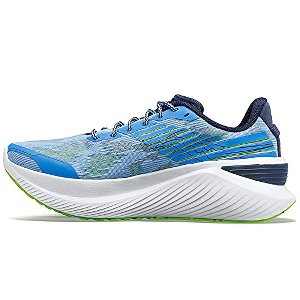 The Saucony Endorphin Shift 3 Running Shoe - Mens in Ether features a thick white sole and blue-green upper, shown from the side on a white background.