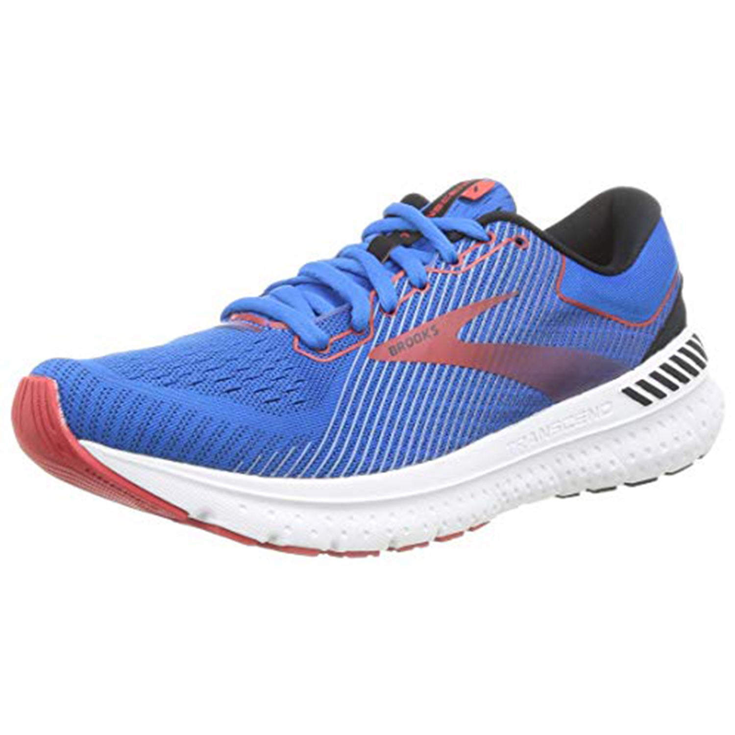 The Brooks Transcend 7 - Men features a Mazarine/Black/Red colorway, mesh upper for breathability, plush fit for comfort, and a white cushioned sole—designed to deliver support and performance for runners.