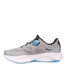 The Saucony Ride 15 - Men in Alloy/Topaz is a lightweight gray running shoe with black and blue accents, a thick white sole, and a light blue detail on the outsole, shown from the side.