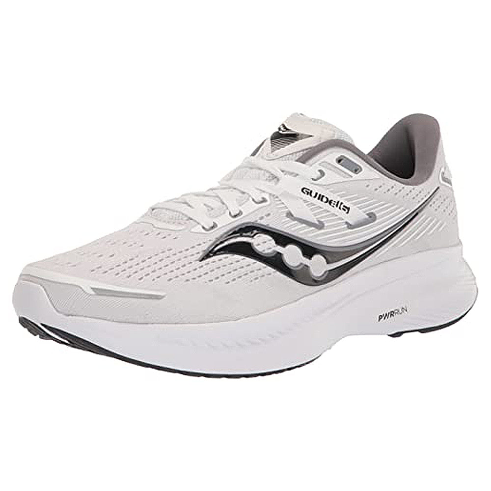 The Saucony Guide 16 - Men running shoe in White/Black features a mesh upper, cushioned PWRRUN foam sole for support, and the Saucony logo on the side. Its sporty design is shown against a plain white background.
