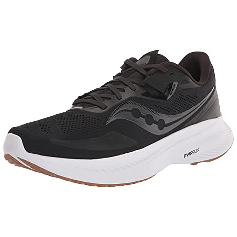The Saucony Guide 15 - Men in Black/Gum features a mesh upper, white cushioned midsole, gray wave design, and delivers lightweight support. Shown at a front left angle.