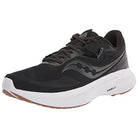The Saucony Guide 15 - Men in Black/Gum features a mesh upper, white cushioned midsole, gray wave design, and delivers lightweight support. Shown at a front left angle.