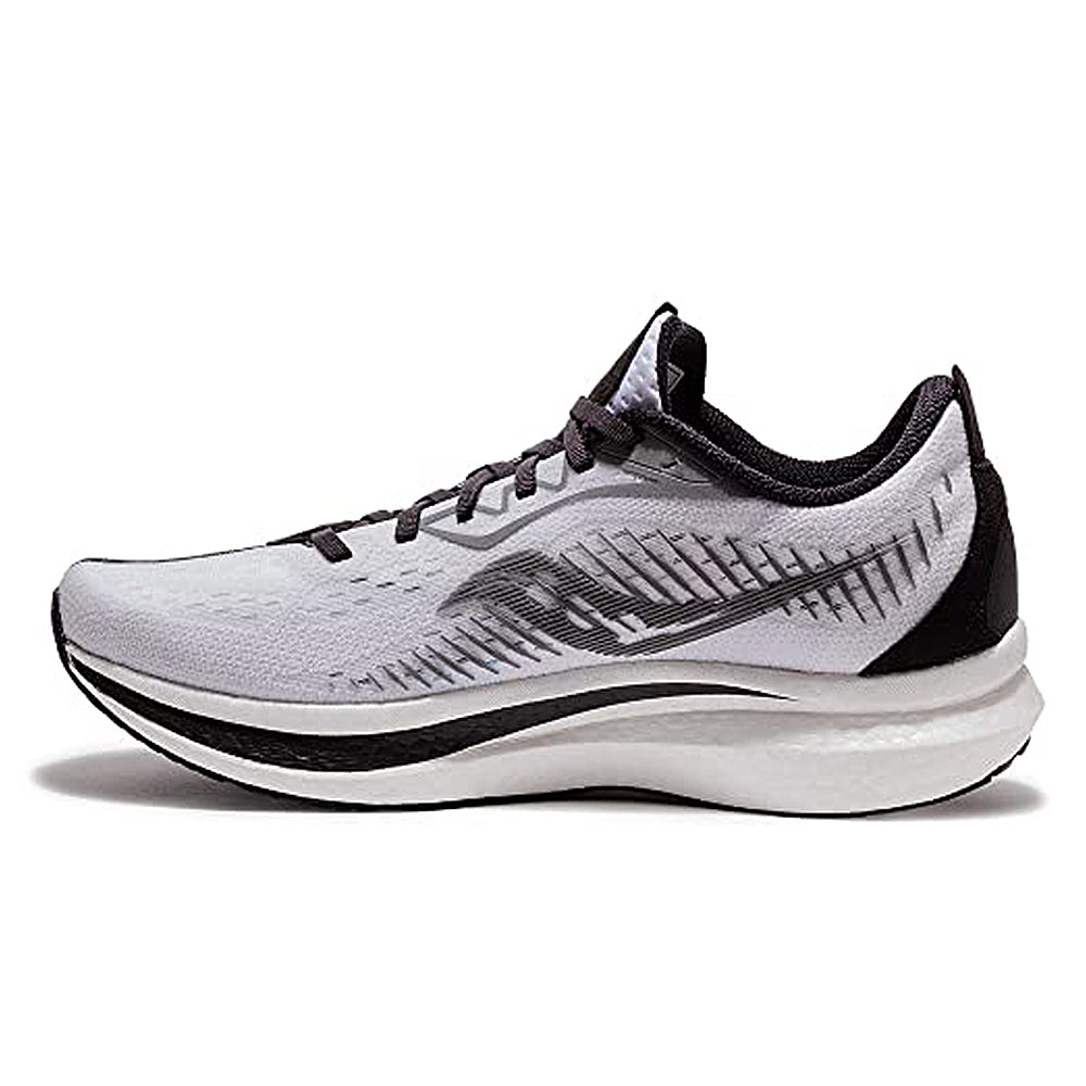 The Saucony Endorphin Speed 2 Running Shoe - Mens is shown in white and black, featuring a sleek mesh upper, cushioned sole with SPEEDROLL technology, displayed side profile on a plain white background.