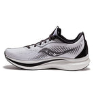 The Saucony Endorphin Speed 2 Running Shoe - Mens is shown in white and black, featuring a sleek mesh upper, cushioned sole with SPEEDROLL technology, displayed side profile on a plain white background.