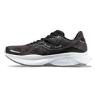 The Saucony Guide 16 Running Shoe - Womens, in Black/White, features mesh uppers and thick white soles for cushioned support, shown from the side.