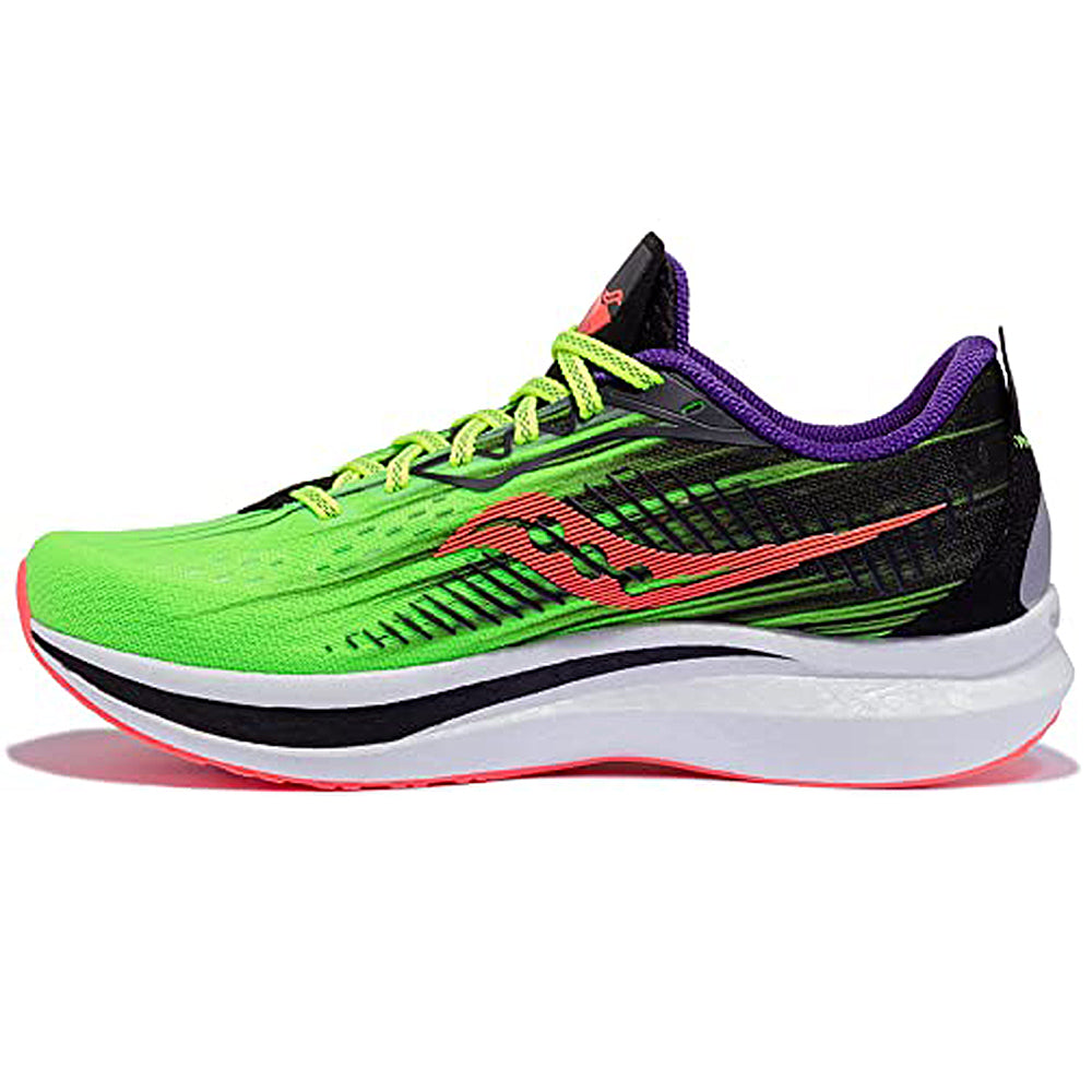 The Saucony Endorphin Speed 2 Running Shoe for men features a neon green upper, yellow laces, purple lining, black and pink accents, a white sole with SPEEDROLL technology, and a stylized S logo on the side.