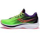 The Saucony Endorphin Speed 2 Running Shoe for men features a neon green upper, yellow laces, purple lining, black and pink accents, a white sole with SPEEDROLL technology, and a stylized S logo on the side.