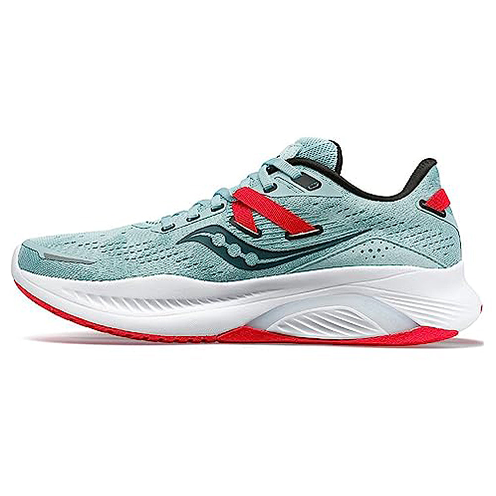 The Saucony Guide 16 Running Shoe - Womens in Mineral/Rose features a mesh upper for breathability, cushioned white sole for support, and stylish red logo and heel accents with black detailing—perfect for comfort and modern style on every run.