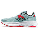 The Saucony Guide 16 Running Shoe - Womens in Mineral/Rose features a mesh upper for breathability, cushioned white sole for support, and stylish red logo and heel accents with black detailing—perfect for comfort and modern style on every run.
