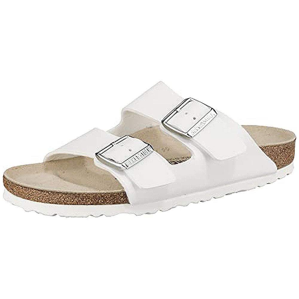 The Birkenstock Arizona – Womens sandal in white features two adjustable silver buckles, a cork footbed, contoured insole, and a white textured rubber sole for orthopedic walking comfort.