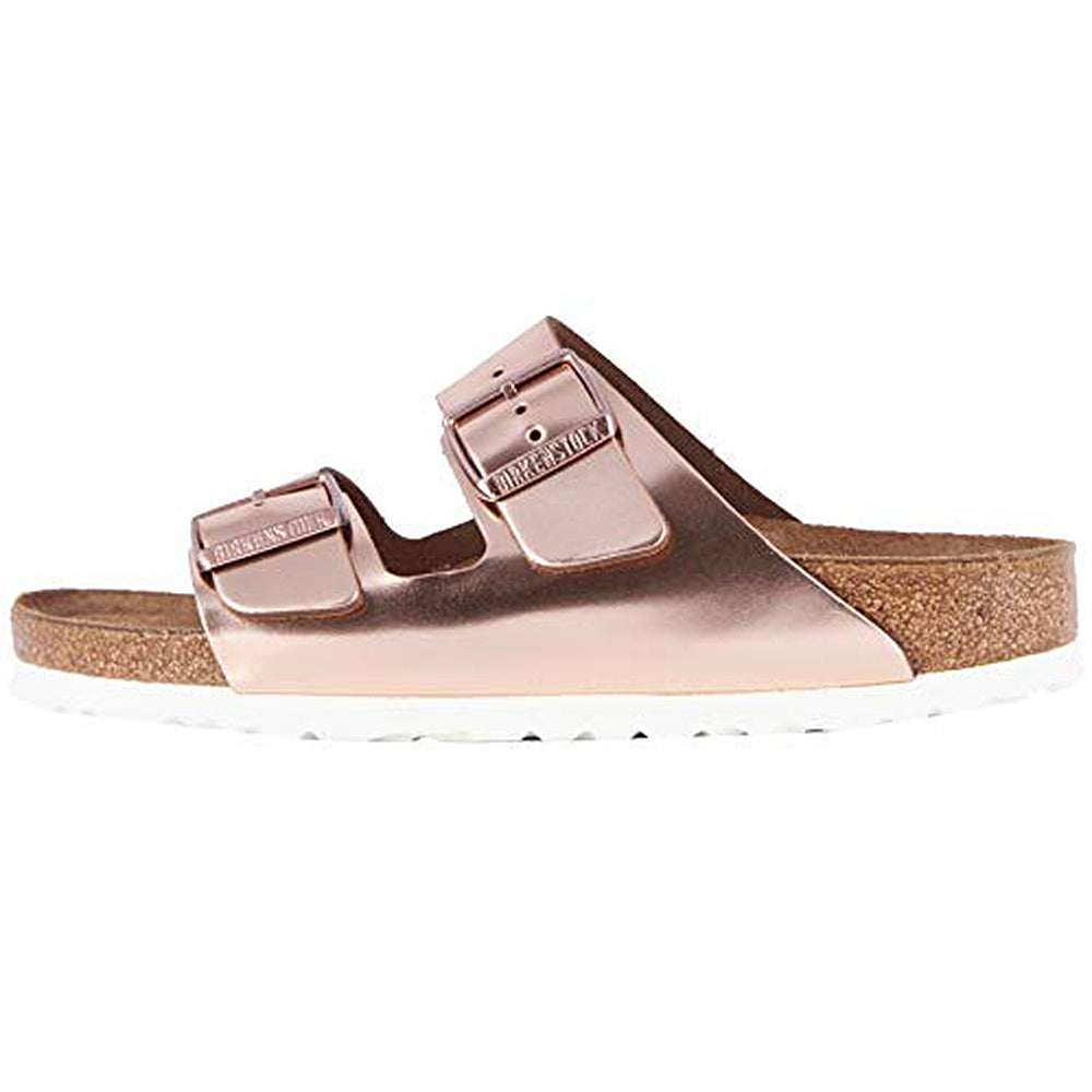 The Birkenstock Arizona - Womens in Multi is a chunky double strap sandal with two adjustable buckles, a supportive cork footbed for comfort, and a white sole, shown from the side.