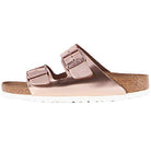 The Birkenstock Arizona - Womens in Multi is a chunky double strap sandal with two adjustable buckles, a supportive cork footbed for comfort, and a white sole, shown from the side.