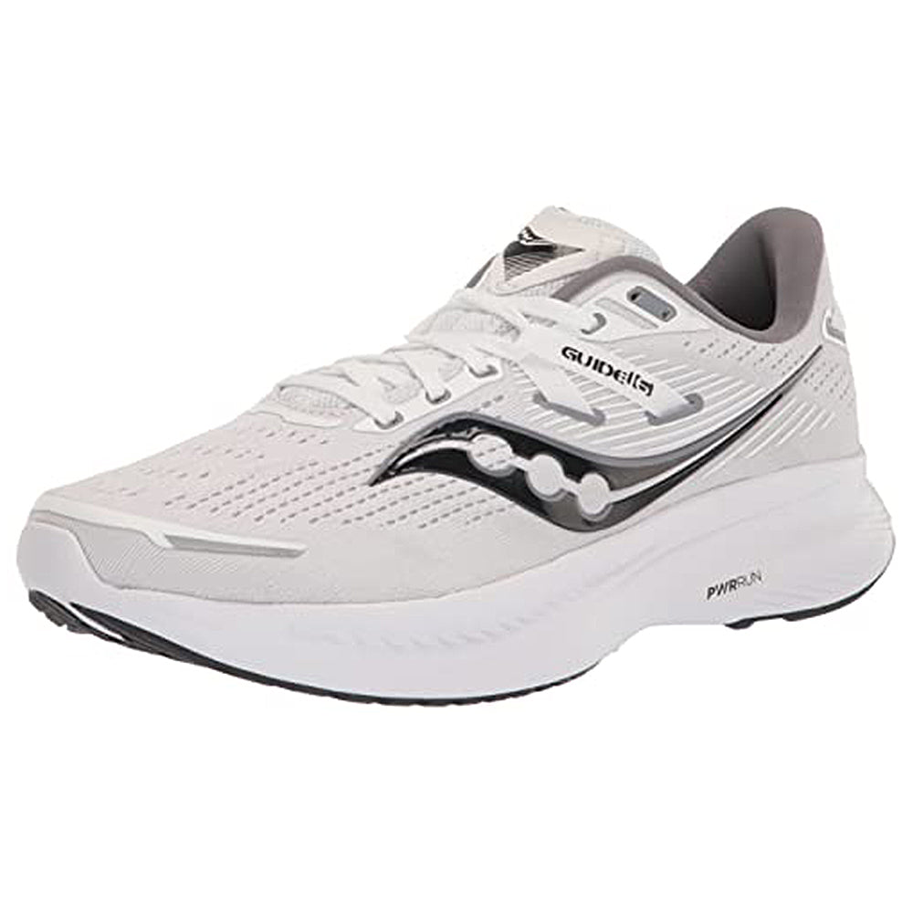 The Saucony Guide 16 Running Shoe - Mens in White/Black features a breathable mesh upper, cushioned sole, and signature Saucony logo, ideal for running.