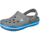 The Crocs Crocband Clog Seasonal Colors - Unisex in Charcoal/Ocean features a blue and white striped sole, ventilation holes, and a pivoting heel strap for everyday comfort.